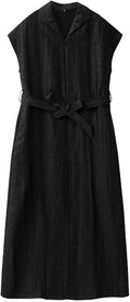 HangErFeng Robe en soie craquelée Xiangyunsha col à revers fermeture éclair sur le devant sans couture manches A ligne midi robe noire 5079