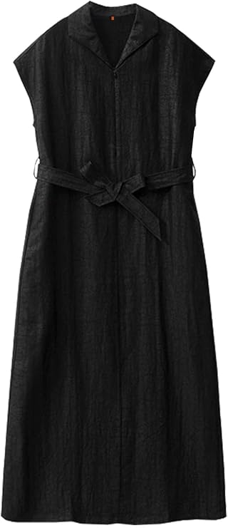 HangErFeng Robe en soie craquelée Xiangyunsha col à revers fermeture éclair sur le devant sans couture manches A ligne midi robe noire 5079
