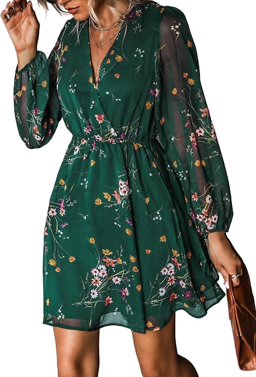 CUPSHE Women Summer Ruffle V Neck Long Sleeve Elastic Waist Casual Flowy Fit Mini Dress