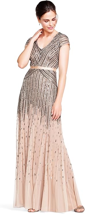 Adrianna Papell Women's Beaded V-Neck Long Dress with Short Sleeves and Waist Dress