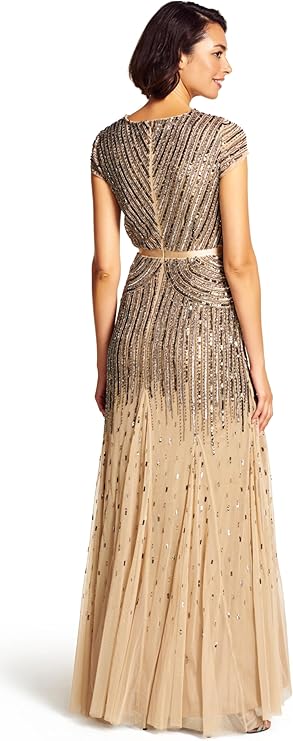 Adrianna Papell Women's Beaded V-Neck Long Dress with Short Sleeves and Waist Dress
