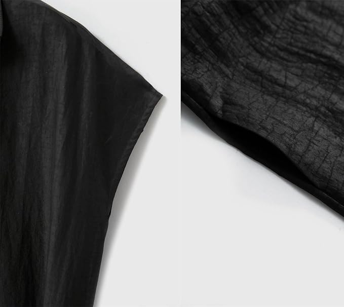 HangErFeng Robe en soie craquelée Xiangyunsha col à revers fermeture éclair sur le devant sans couture manches A ligne midi robe noire 5079