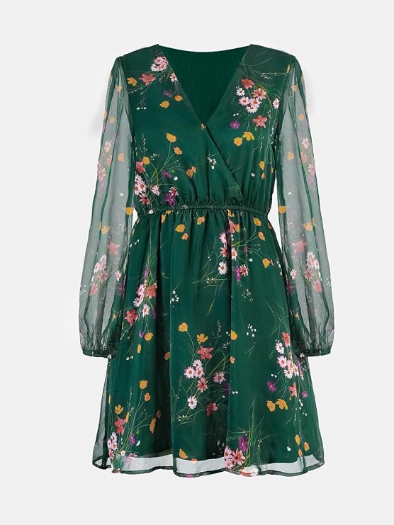 CUPSHE Women Summer Ruffle V Neck Long Sleeve Elastic Waist Casual Flowy Fit Mini Dress