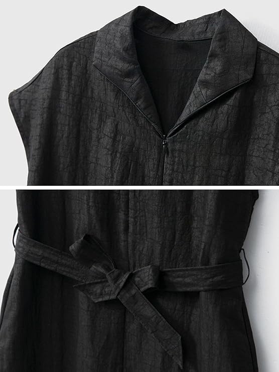 HangErFeng Robe en soie craquelée Xiangyunsha col à revers fermeture éclair sur le devant sans couture manches A ligne midi robe noire 5079