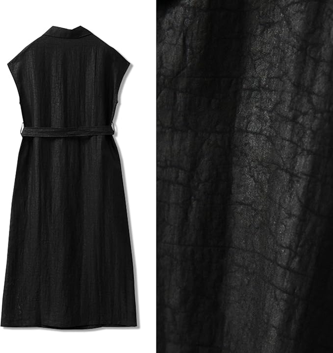 HangErFeng Robe en soie craquelée Xiangyunsha col à revers fermeture éclair sur le devant sans couture manches A ligne midi robe noire 5079