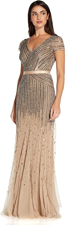 Adrianna Papell Women's Beaded V-Neck Long Dress with Short Sleeves and Waist Dress