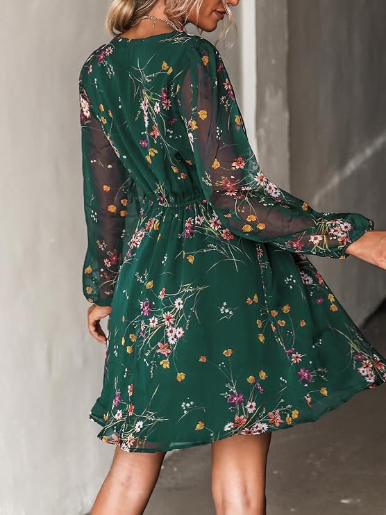 CUPSHE Women Summer Ruffle V Neck Long Sleeve Elastic Waist Casual Flowy Fit Mini Dress