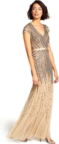 Adrianna Papell Women's Beaded V-Neck Long Dress with Short Sleeves and Waist Dress