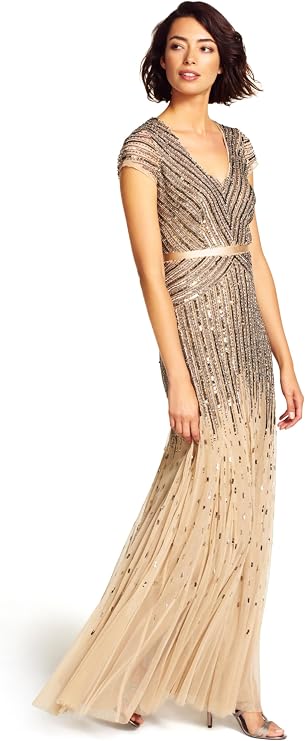 Adrianna Papell Women's Beaded V-Neck Long Dress with Short Sleeves and Waist Dress
