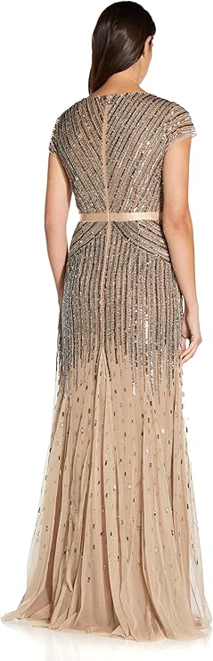 Adrianna Papell Women's Beaded V-Neck Long Dress with Short Sleeves and Waist Dress