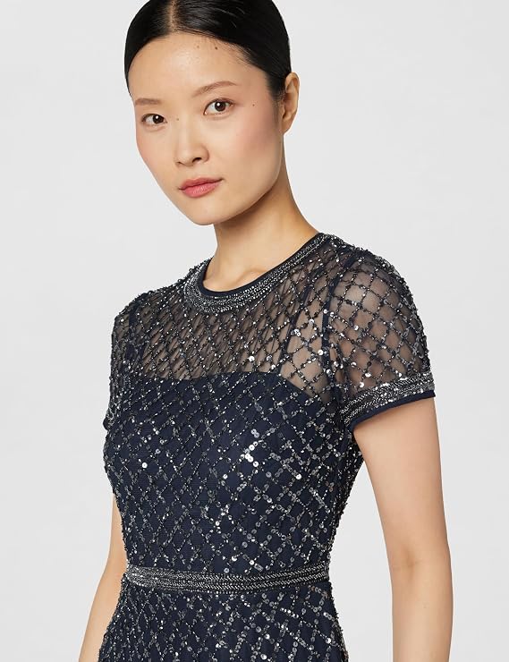 Adrianna Papell Women's Beaded Short Sleeve Mesh Dress