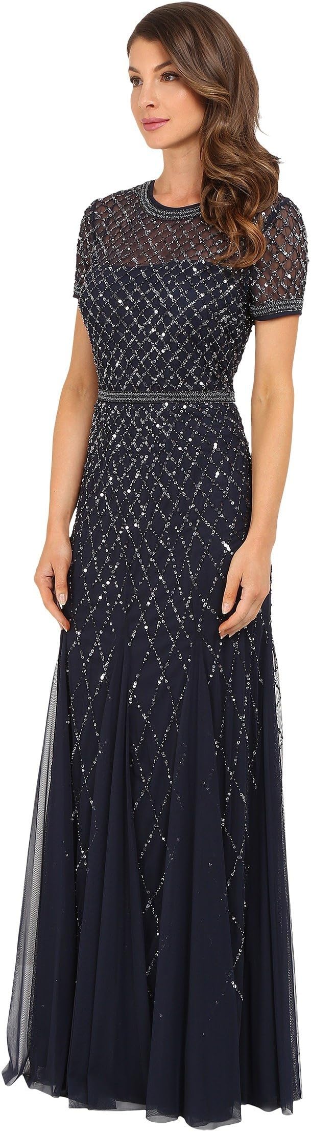 Adrianna Papell Women's Beaded Short Sleeve Mesh Dress