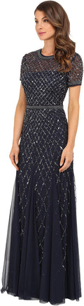 Adrianna Papell Women's Beaded Short Sleeve Mesh Dress