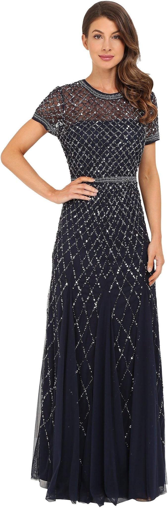 Adrianna Papell Women's Beaded Short Sleeve Mesh Dress