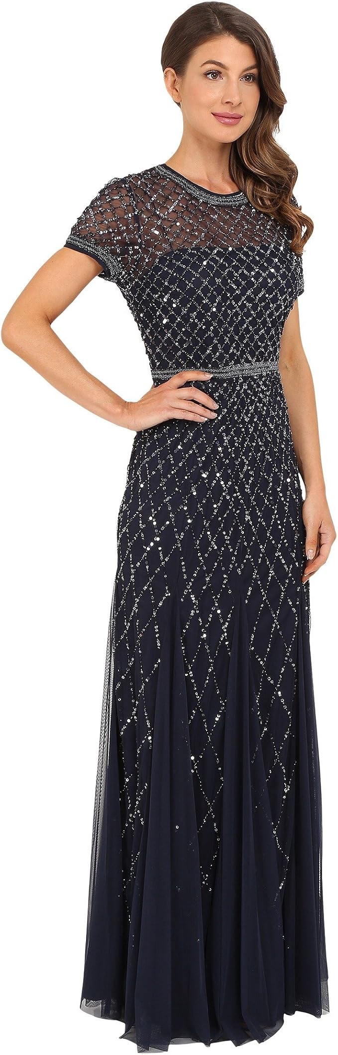 Adrianna Papell Women's Beaded Short Sleeve Mesh Dress